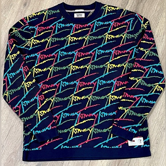 Tommy Jeans Hilfiger Large Oversight Script Pattern Crewneck Knit Sweater VTG - Picture 1 of 8